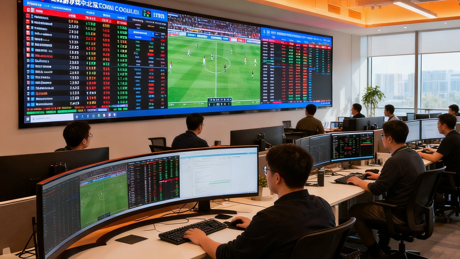 爱游戏中国北京总部开放式办公区的实拍场景，数十名数据分析师和工程师在曲面显示器前专注工作，墙面大型LED屏幕实时滚动全球体育赛事数据，室内灯光以暖色调为主